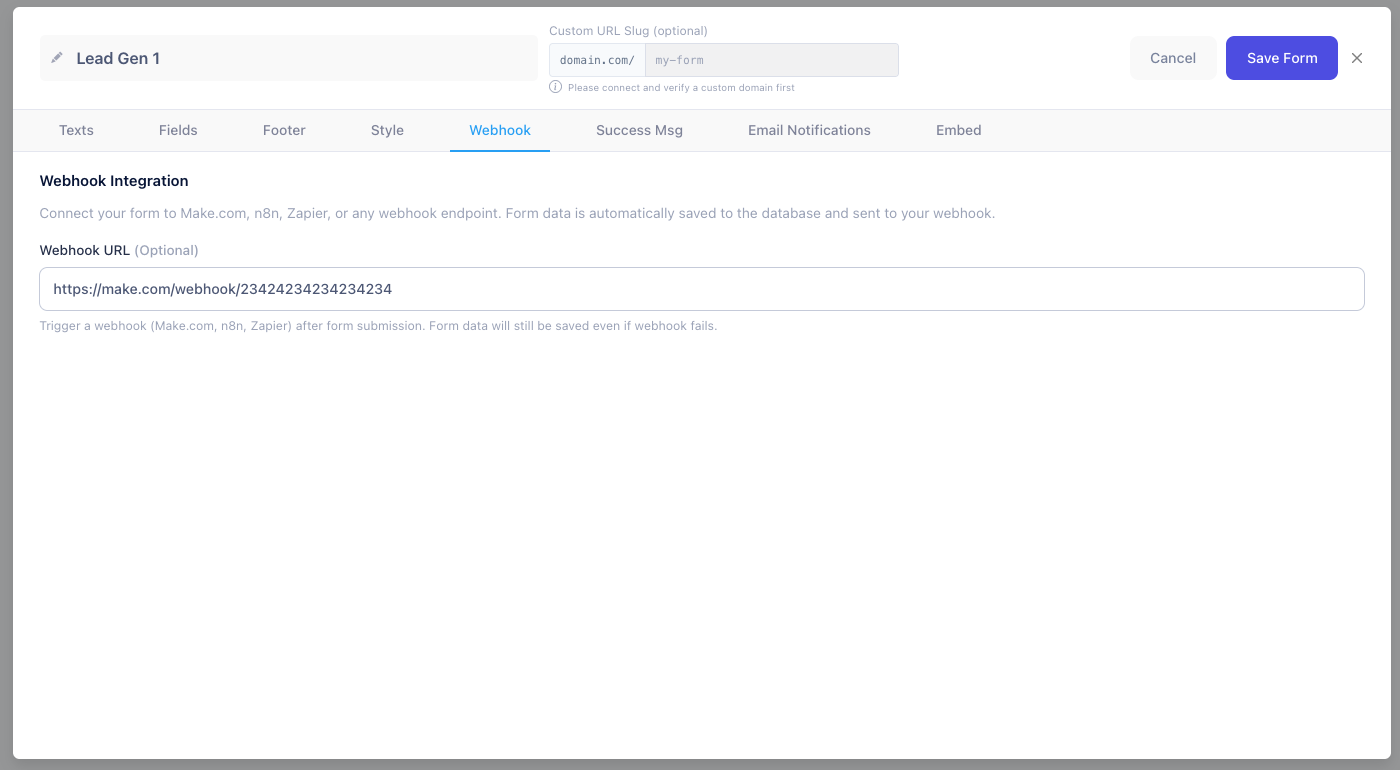 CustomJS Webhook Configuration - Make.com and n8n webhook setup